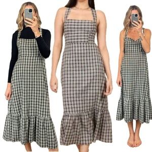 Park and & Fifth Black White Plaid Checks Lafayette Cross Back Midi Ruffle Dress